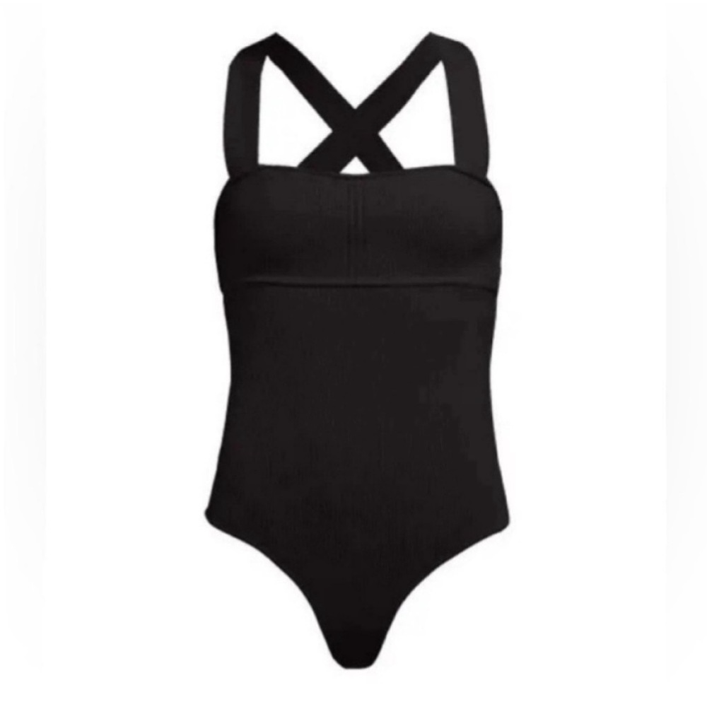 KHAITE Alexa Cross Back Rib Knit Bodysuit Black